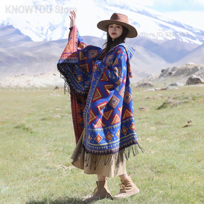 Ethnic Fashion Photography - Женский этнический плащ-накидка с капюшоном, утепленный,